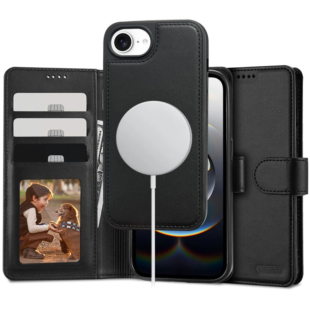 Apple iPhone 16e, Oldalra nyíló tok, stand, mágnes csattal, kivehető tokkal, Magsafe töltővel kompatibilis, TP Wallett Magsafe, fekete