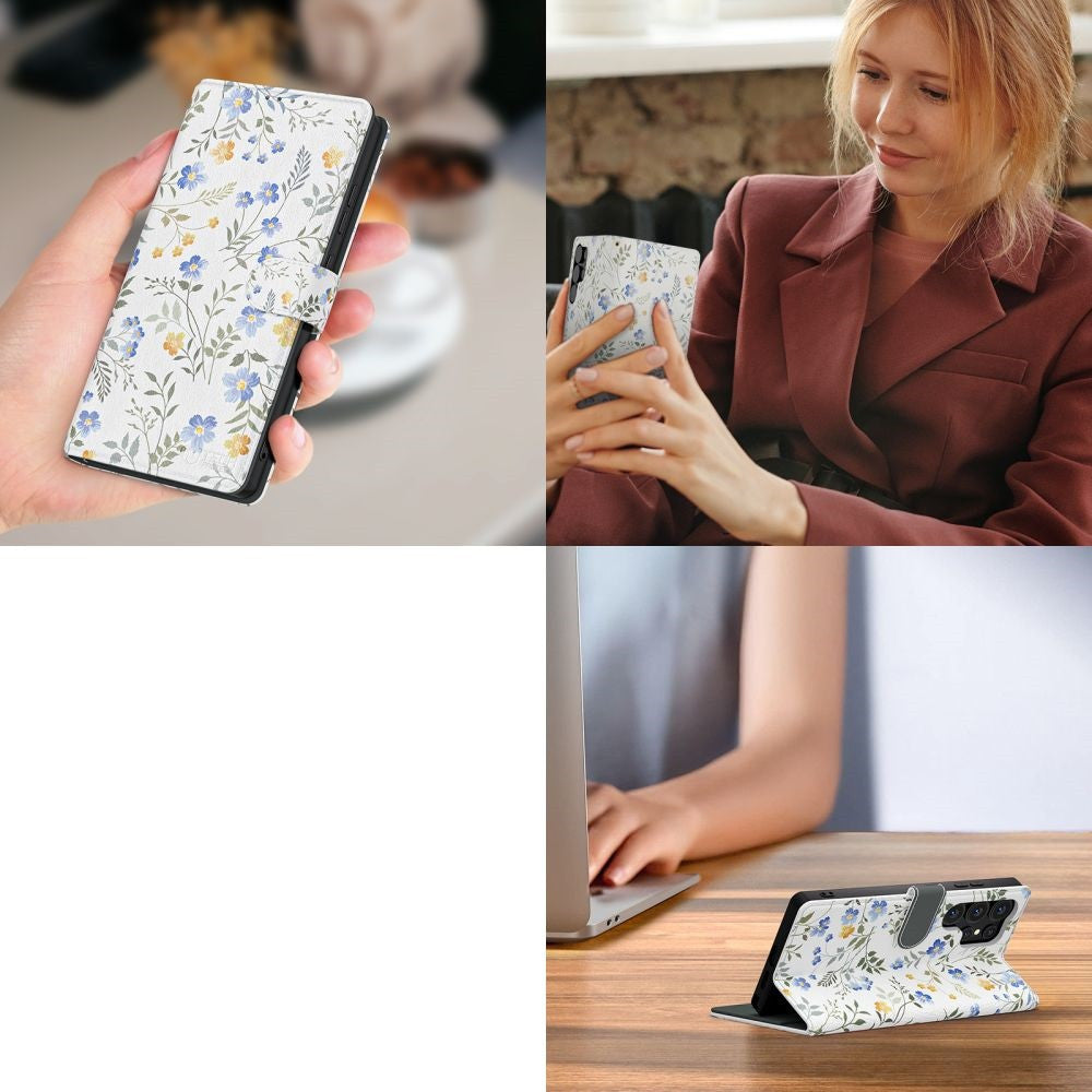 Apple iPhone 16e, Oldalra nyíló tok, stand, mágnes csattal, tavaszi virág minta, TP Wallett Spring Flowers, fehér/színes -  iPhone 16e tok a Domshop kínálatából