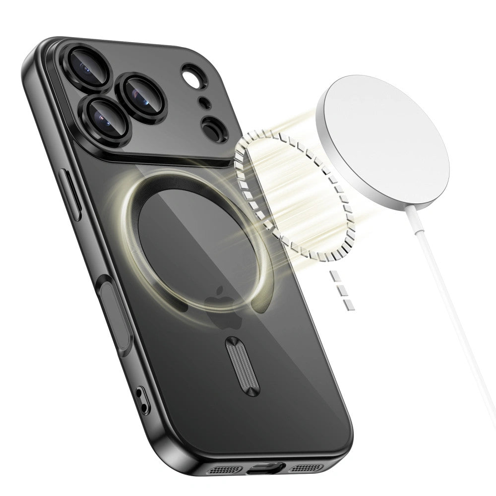 Apple iPhone 17, Műanyag hátlap védőtok + szilikon keret, közepesen ütésálló, Magsafe töltővel kompatibilis, fényes keret, Magflex Magsafe, átlátszó/fekete