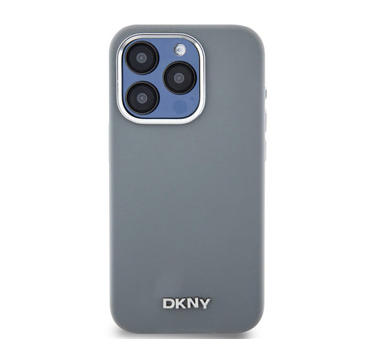 DKNY Liquid Silicone Silver Metal Logo Magsafe iPhone 15 Pro hátlap tok, szürke -  iPhone 15 Pro tok a Domshop kínálatából