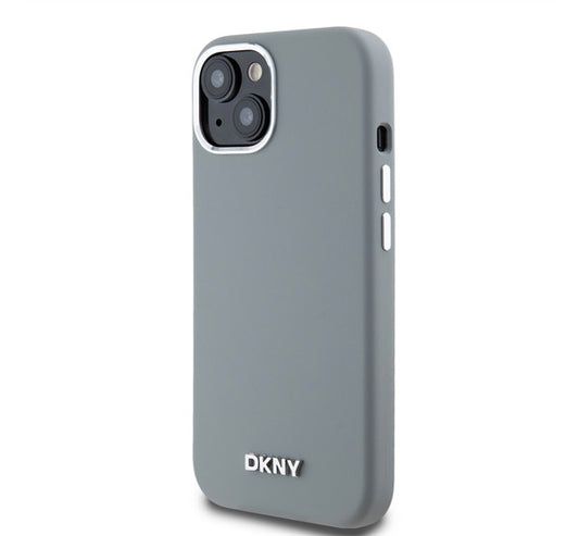 DKNY Liquid Silicone Silver Metal Logo Magsafe iPhone 15 hátlap tok, szürke -  iPhone 15 tok a Domshop kínálatából