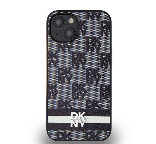 DKNY PU Leather Checkered Pattern and Stripe Apple iPhone 14 hátlap tok, fekete -  iPhone 13/14 tok a Domshop kínálatából