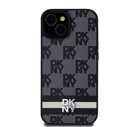 DKNY PU Leather Checkered Pattern and Stripe Apple iPhone 15 hátlap tok, fekete -  iPhone 15 tok a Domshop kínálatából