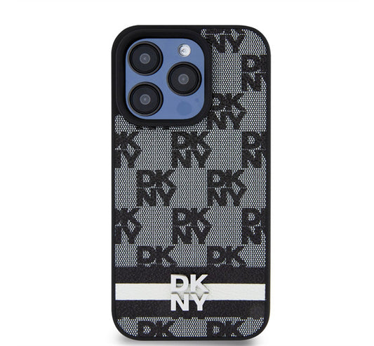 DKNY PU Leather Checkered Pattern and Stripe iPhone 13 Pro Max hátlap tok, fekete -  iPhone 13 Pro Max tok a Domshop kínálatából