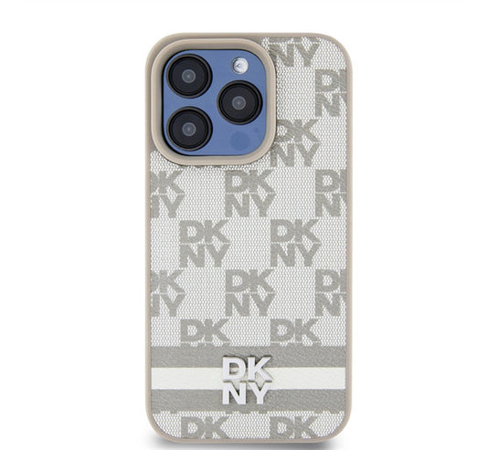 DKNY PU Leather Checkered Pattern and Stripe iPhone 14 Pro hátlap tok, bézs -  iPhone 14 Pro tok a Domshop kínálatából