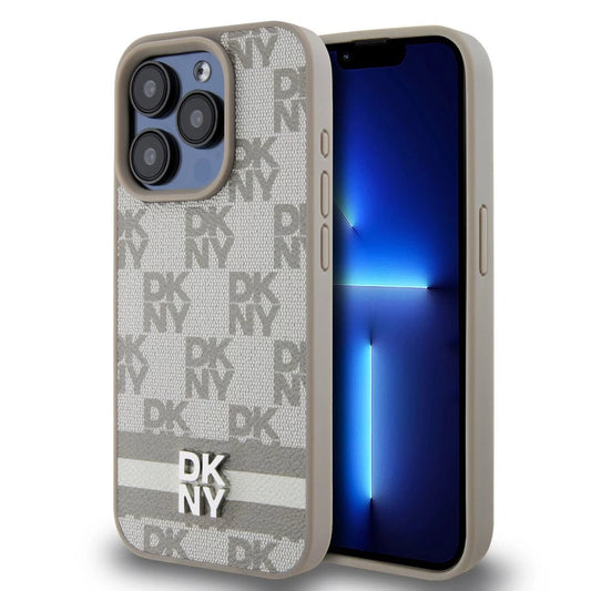 DKNY PU Leather Checkered Pattern and Stripe tok iPhone 15 Pro Max készülékhez bézs -  iPhone 15 Pro Max tok a Domshop kínálatából