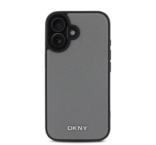 DKNY PU Leather Silver Metal Logo iPhone 16 MagSafe tok, szürke -  iPhone 16 tok a Domshop kínálatából
