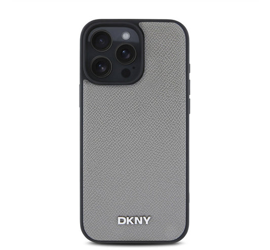 DKNY PU Leather Silver Metal Logo iPhone 16 Pro MagSafe tok, szürke -  iPhone 16 Pro tok a Domshop kínálatából