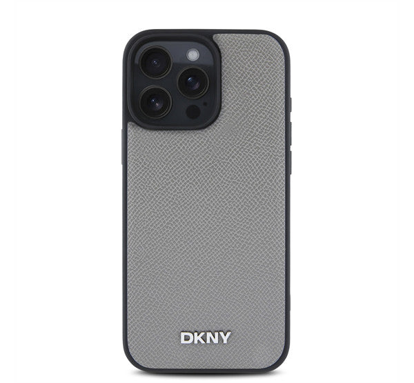 DKNY PU Leather Silver Metal Logo iPhone 16 Pro MagSafe tok, szürke -  iPhone 16 Pro tok a Domshop kínálatából