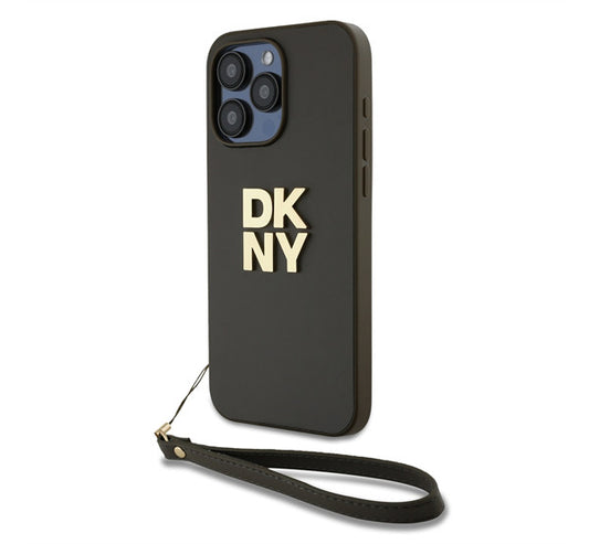 DKNY PU Leather Stack Logo Apple iPhone 15 Pro Max hátlap tok csuklópánttal, barna -  iPhone 15 Pro Max tok a Domshop kínálatából
