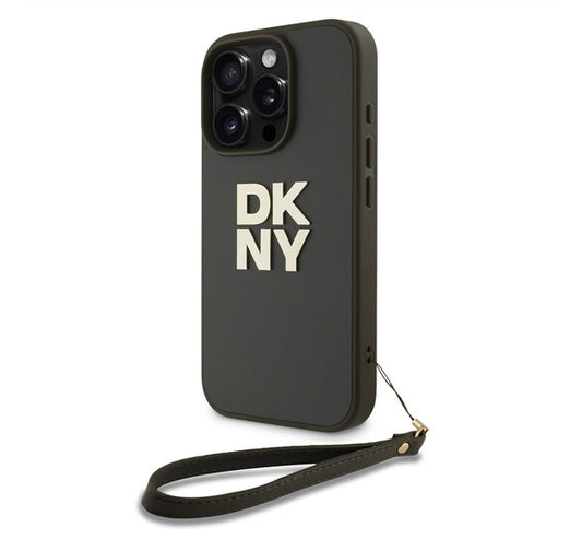 DKNY PU Leather Stack Logo iPhone 16 Pro tok csuklópánttal, zöld -  iPhone 16 Pro tok a Domshop kínálatából