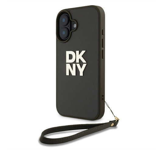 DKNY PU Leather Stack Logo iPhone 16 tok csuklópánttal, zöld -  iPhone 16 tok a Domshop kínálatából