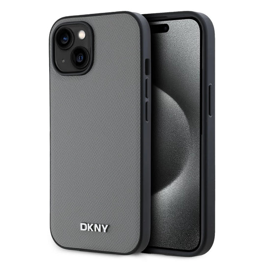 DKNY PU bőr ezüst fém logó Magsafe tok iPhone 15 készülékhez szürke -  iPhone 15 tok a Domshop kínálatából