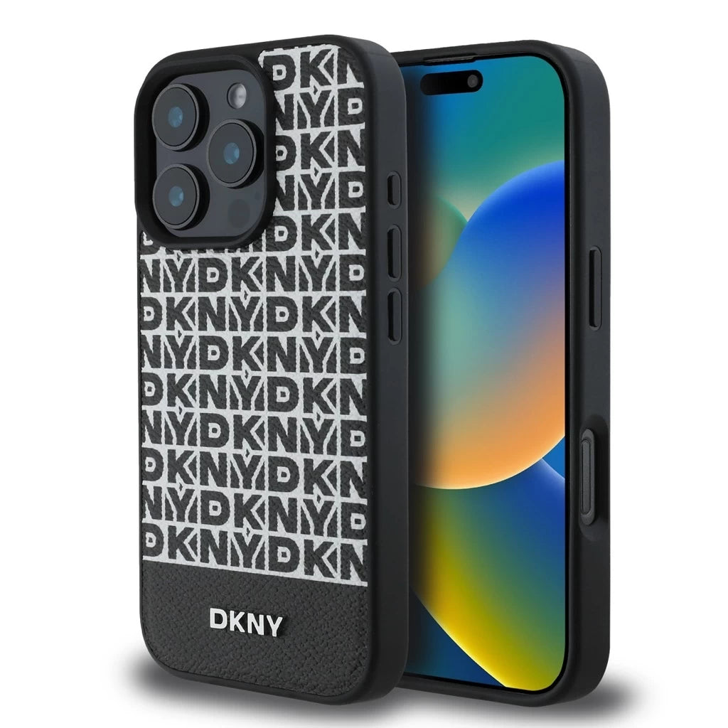 DKNY PU bőr ismétlődő minta alsó csík MagSafe tok iPhone 16 Pro készülékhez fekete -  iPhone 16 Pro tok a Domshop kínálatából