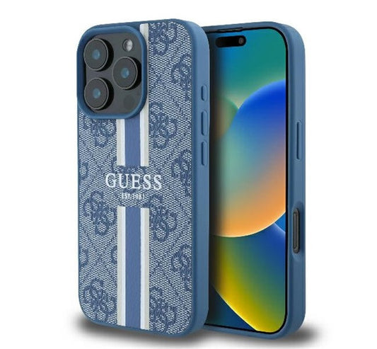 Guess 4G Printed Stripes iPhone 16 Pro MagSafe kemény hátlap tok, kék GUHMP16LP4RPSB -  iPhone 16 Pro tok a Domshop kínálatából