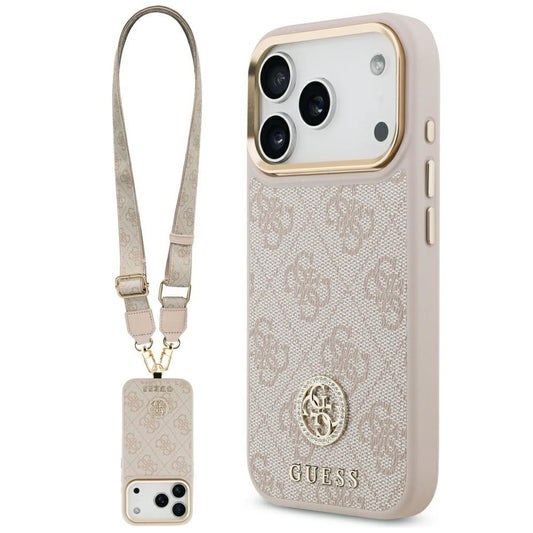 Guess 4G Strass Logo & Big Strap Metal Buttons Apple iPhone 17 Pro MagSafe tok csukló / nyakpánttal, rózsaszín -  iPhone 17 Pro tok a Domshop kínálatából