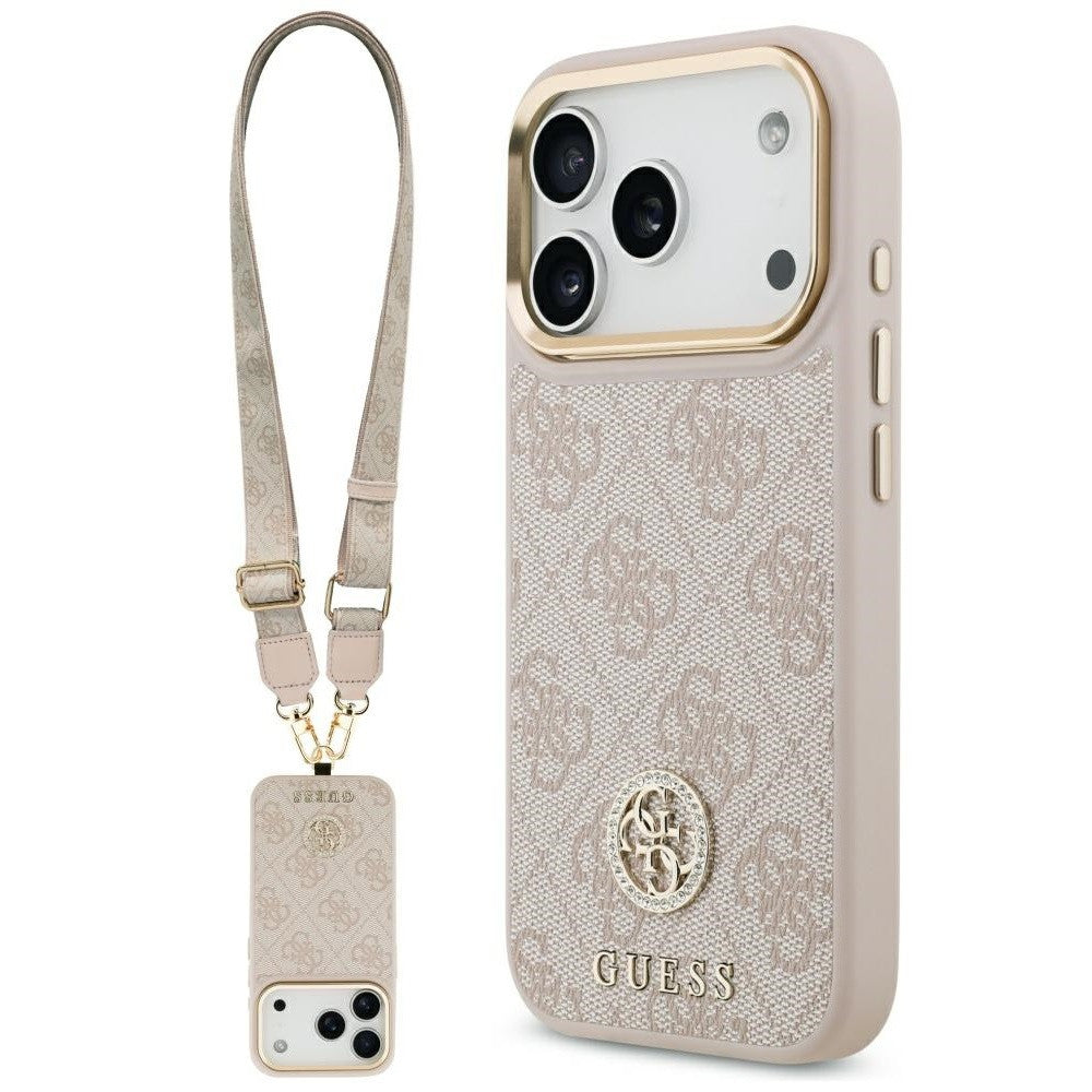 Guess 4G Strass Logo & Big Strap Metal Buttons Apple iPhone 17 Pro Max MagSafe tok csukló / nyakpánttal, rózsaszín -  iPhone 17 Pro Max tok a Domshop kínálatából