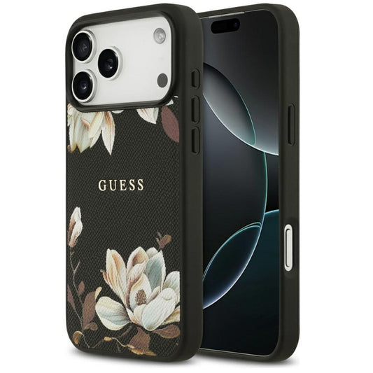 Guess Grained Flowers Classic Logo Apple iPhone 17 MagSafe tok, virág minta, fekete -  iPhone 17 tok a Domshop kínálatából