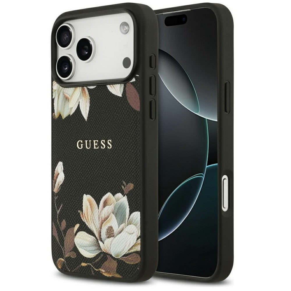 Guess Grained Flowers Classic Logo Apple iPhone 17 Pro Max MagSafe tok, virág minta, fekete -  iPhone 17 Pro Max tok a Domshop kínálatából