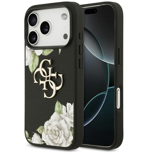 Guess Grained Roses & Big 4G Logo Apple iPhone 17 Pro Max tok, virág minta, fekete -  iPhone 17 Pro Max tok a Domshop kínálatából
