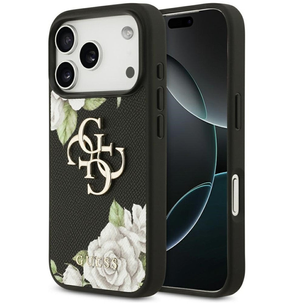 Guess Grained Roses & Big 4G Logo Apple iPhone 17 Pro Max tok, virág minta, fekete -  iPhone 17 Pro Max tok a Domshop kínálatából