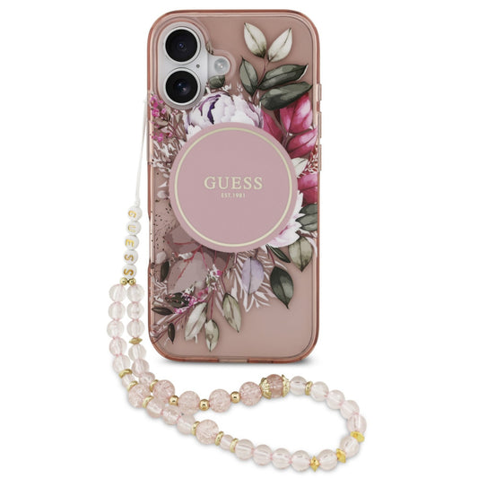 Guess IML Flowers Strap Apple iPhone 17 MagSafe hátlap tok karpánttal, rózsaszín -  iPhone 17 tok a Domshop kínálatából