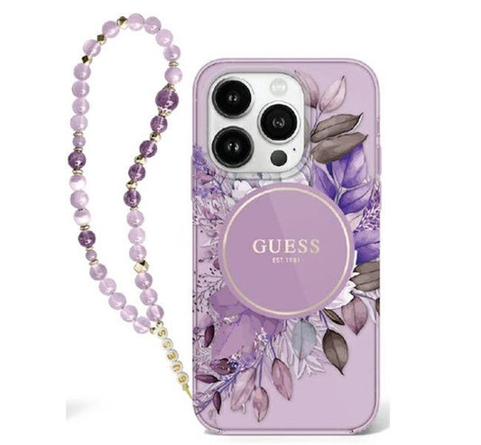Guess IML Flowers iPhone 16 Pro Max kemény hátlap tok karpánttal, lila GUHMP16XHFWBRCESU -  iPhone 16 Pro Max tok a Domshop kínálatából