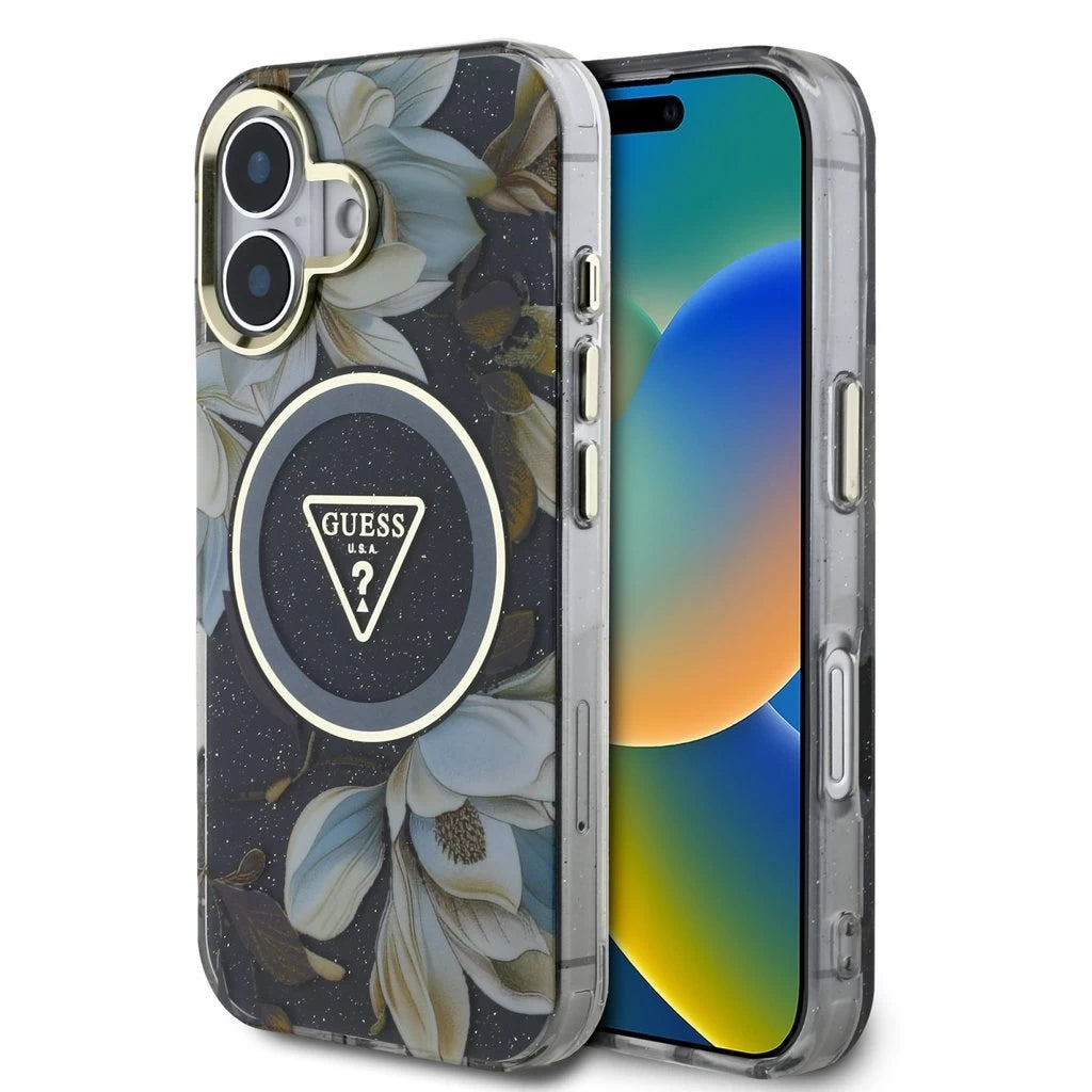 Guess IML Glitter Magnolia and Triangle Logo MagSafe tok iPhone 16 készülékhez fekete -  iPhone 16 tok a Domshop kínálatából