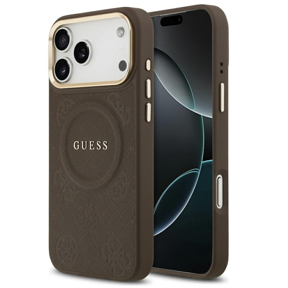 Guess Peony Hot Stamp Apple iPhone 17 Pro MagSafe tok kameravédő peremmel, barna-arany -  iPhone 17 Pro tok a Domshop kínálatából