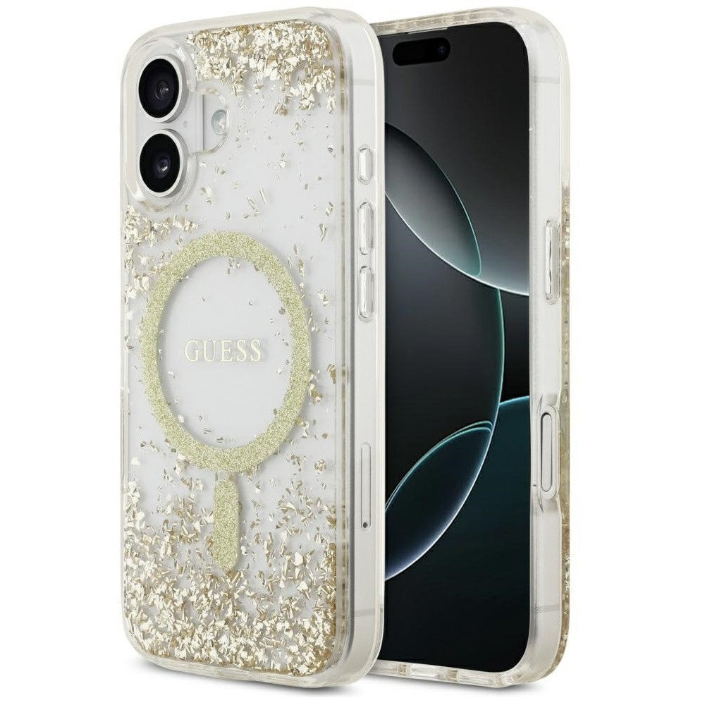 Guess Resin Bottom Glitter Apple iPhone 17 MagSafe tok, csillámos, átlátszó-arany -  iPhone 17 tok a Domshop kínálatából