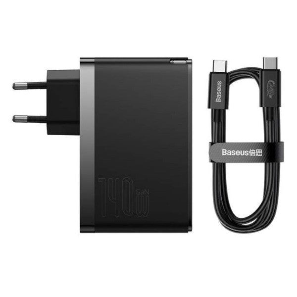 Hálózati töltő adapter, 140W, USB aljzat, 2 x USB Type-C aljzat, USB Type-C - USB Type-C kábellel, gyorstöltés, PD 3.1, QC, GaN5, Baseus GaN5 Pro, fekete -  Adapter a Domshop kínálatából