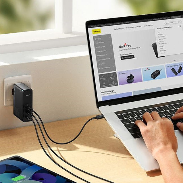 Hálózati töltő adapter, 140W, USB aljzat, 2 x USB Type-C aljzat, USB Type-C - USB Type-C kábellel, gyorstöltés, PD 3.1, QC, GaN5, Baseus GaN5 Pro, fekete -  Adapter a Domshop kínálatából