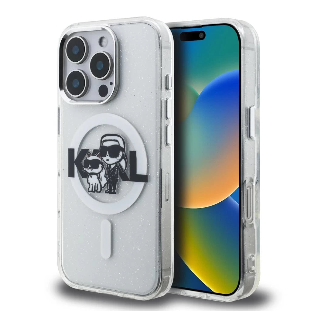 Karl Lagerfeld IML Glitter Karl and Choupette Sketch MagSafe tok iPhone 16 Pro Max készülékhez átlátszó -  iPhone 16 Pro Max tok a Domshop kínálatából