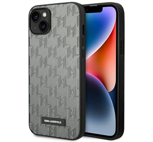 Karl Lagerfeld Saffiano Mono Metal Apple iPhone 14 Plus hátlap tok, szürke -  iPhone 14 Plus tok a Domshop kínálatából