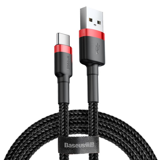 USB töltő- és adatkábel, USB Type-C, 50 cm, 3000 mA, törésgátlóval, gyorstöltés, cipőfűző minta, Baseus Cafule CATKLF-A91, fekete/piros – USB-C kábel a Baseus kínálatából | Domshop