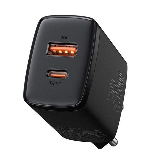 Hálózati töltő adapter, 20W, USB aljzat, USB Type-C aljzat, gyorstöltés, PD 3.0, QC 3.0, Baseus Compact, fekete – Adapter a Baseus kínálatából | Domshop
