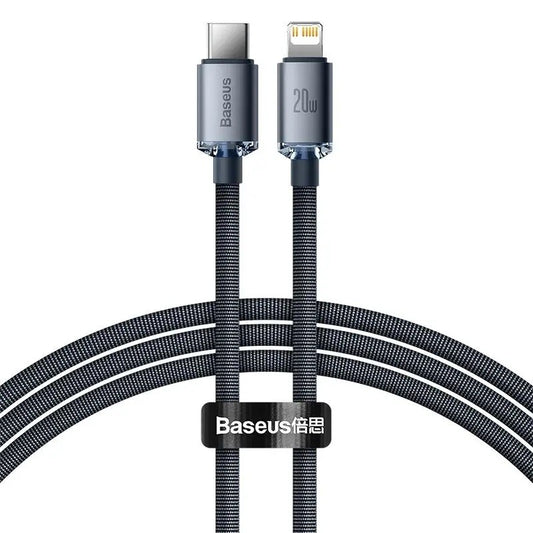 USB Type-C töltő- és adatkábel, Lightning, 120 cm, 20W, gyorstöltés, PD, cipőfűző minta, Baseus Crystal Shine, CAJY000201, fekete – Lightning kábel a Baseus kínálatából | Domshop