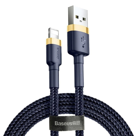 USB töltő- és adatkábel, Lightning, 100 cm, 2400 mA, törésgátlóval, gyorstöltés, cipőfűző minta, Baseus Cafule, CALKLF-BV3, sötétkék/arany – Lightning kábel a Baseus kínálatából | Domshop