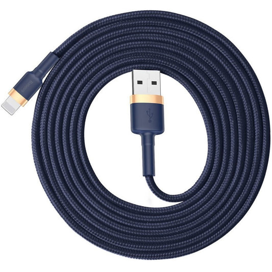 USB töltő- és adatkábel, Lightning, 200 cm, 1500 mA, törésgátló, cipőfűző minta, Baseus Cafule, CALKLF-CV3, sötétkék/arany – Lightning kábel a Baseus kínálatából | Domshop