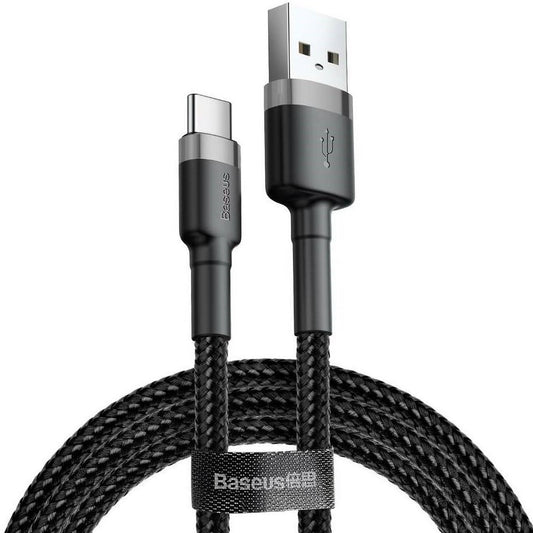 USB töltő- és adatkábel, USB Type-C, 100 cm, 3000 mA, törésgátlóval, gyorstöltés, cipőfűző minta, Baseus Cafule, CATKLF-BG1, fekete/szürke – USB-C kábel a Baseus kínálatából | Domshop