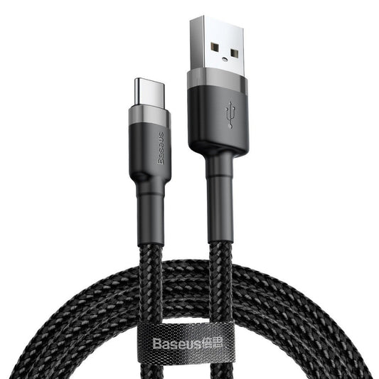 USB töltő- és adatkábel, USB Type-C, 300 cm, 2000 mA, törésgátlóval, gyorstöltés, cipőfűző minta, Baseus Cafule CATKLF-UG1, fekete/szürke – USB-C kábel a Baseus kínálatából | Domshop