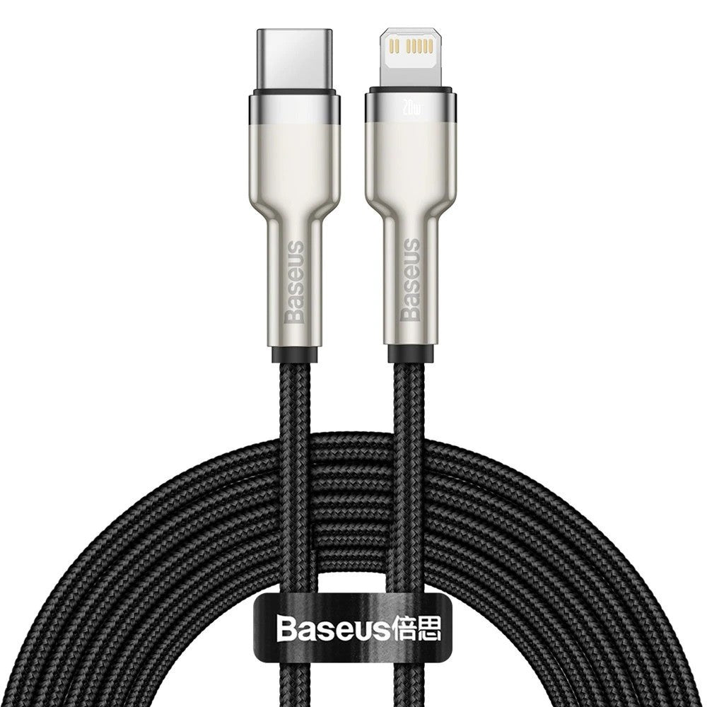 USB Type-C töltő- és adatkábel, Lightning, 200 cm, 20W, törésgátlóval, gyorstöltés, PD, cipőfűző minta, Baseus Cafule Metal, CATLJK-B01, fekete – Lightning kábel a Baseus kínálatából | Domshop
