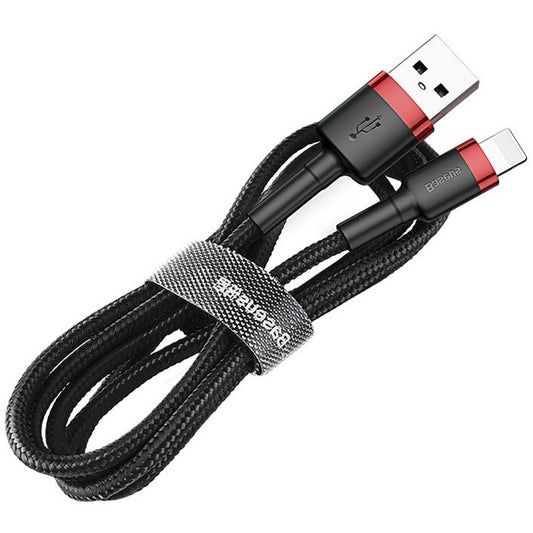 USB töltő- és adatkábel, Lightning, 50 cm, 2400 mA, törésgátlóval, gyorstöltés, cipőfűző minta, Baseus Cafule, CALKLF-A19, fekete/piros – Lightning kábel a Baseus kínálatából | Domshop