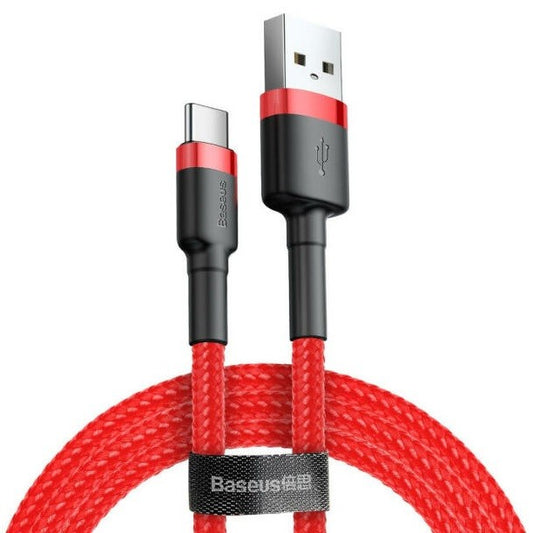 USB töltő- és adatkábel, USB Type-C, 200 cm, 2000 mA, törésgátlóval, gyorstöltés, cipőfűző minta, Baseus Cafule CATKLF-C09, piros – USB-C kábel a Baseus kínálatából | Domshop