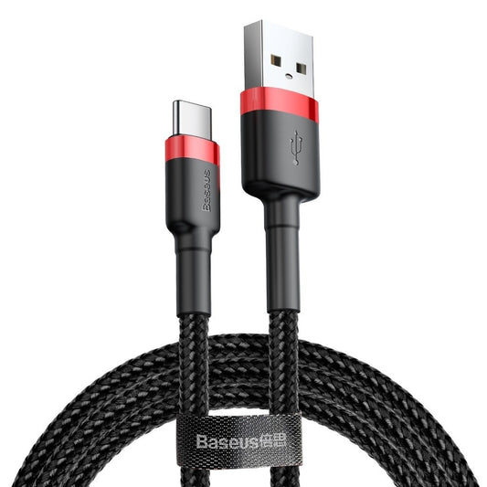USB töltő- és adatkábel, USB Type-C, 300 cm, 2000 mA, törésgátlóval, gyorstöltés, cipőfűző minta, Baseus Cafule CATKLF-U91, fekete/piros – USB-C kábel a Baseus kínálatából | Domshop