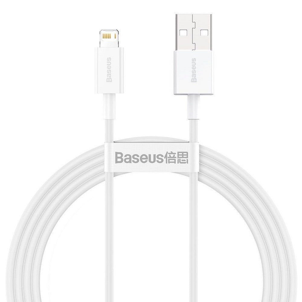 USB töltő- és adatkábel, Lightning, 150 cm, 2400 mA, törésgátlóval, gyorstöltés, PD, Baseus Superior, CALYS-B02, fehér – Lightning kábel a Baseus kínálatából | Domshop