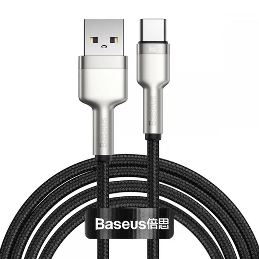 USB töltő- és adatkábel, USB Type-C, 200 cm, 6000 mA, 66W, törésgátlóval, gyorstöltés, cipőfűző minta, Baseus Cafule Metal, CAKF000201, fekete – USB-C kábel a Baseus kínálatából | Domshop
