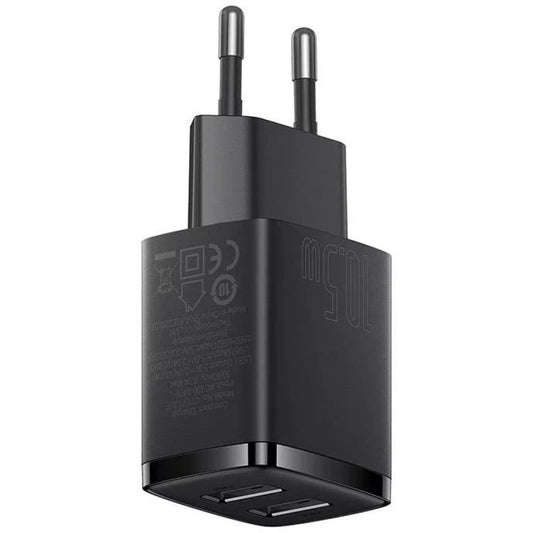 Hálózati töltő adapter, 10.5W, 2 x USB aljzat, gyorstöltés, Baseus Compact, fekete – Adapter a Baseus kínálatából | Domshop