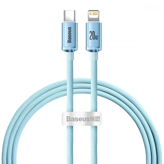 USB Type-C töltő- és adatkábel, Lightning, 120 cm, 20W, gyorstöltés, PD, cipőfűző minta, Baseus Crystal Shine, CAJY001303, világoskék – Lightning kábel a Baseus kínálatából | Domshop