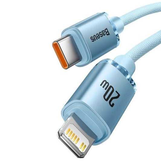 USB Type-C töltő- és adatkábel, Lightning, 120 cm, 20W, gyorstöltés, PD, cipőfűző minta, Baseus Crystal Shine, CAJY001303, világoskék – Lightning kábel a Baseus kínálatából | Domshop